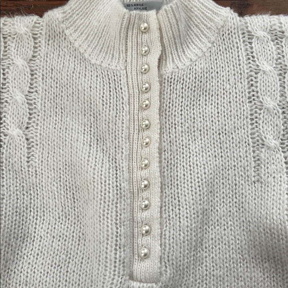 Vintage 80s Knit Sweater Mock Neck White Pearl Like Buttons Women’s Size Medium - Picture 5 of 6